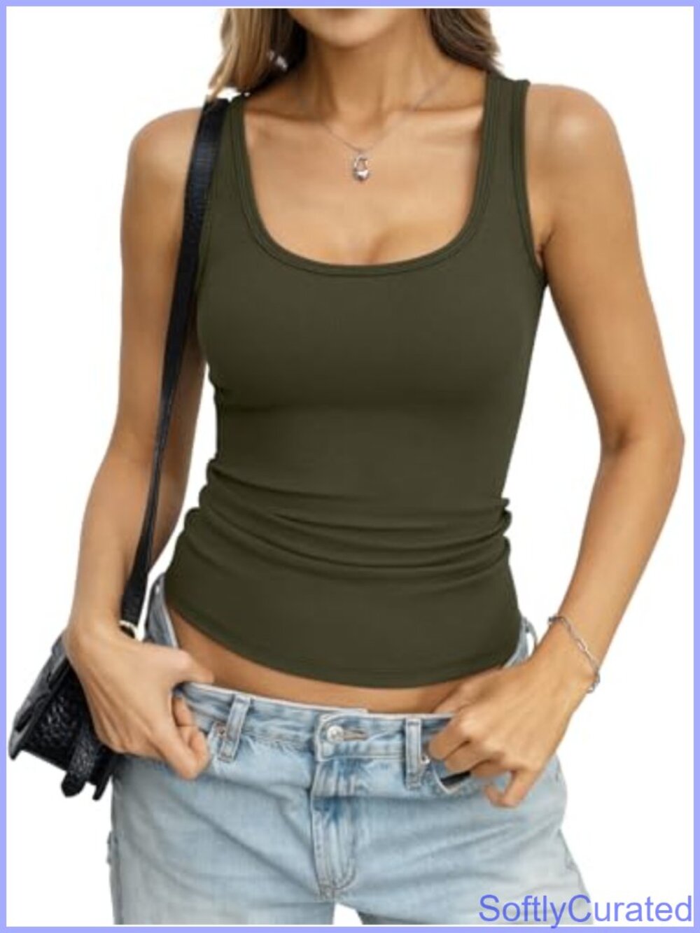 Cotton Ribbed Tank Top Low Cut Scoop Neck Sleeveless Fitted Cami
